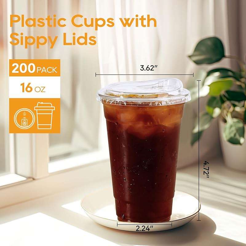 Turbo Bee 16 OZ 200 Sets Clear Plastic Cups with Strawless Sip Lids, To Go Crystal Clear Disposable Plastic Cups with Lids for Iced Coffee, Smoothies, Soda, Lemonade, Cold Beverage - Image 3