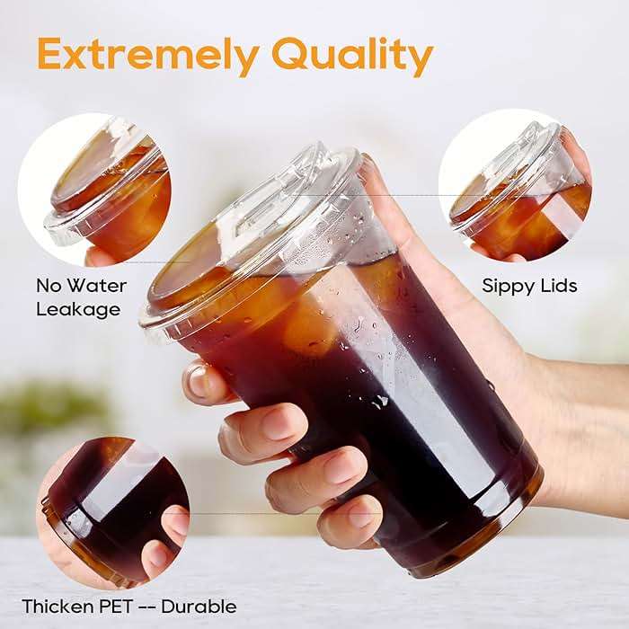 Turbo Bee 16 OZ 200 Sets Clear Plastic Cups with Strawless Sip Lids, To Go Crystal Clear Disposable Plastic Cups with Lids for Iced Coffee, Smoothies, Soda, Lemonade, Cold Beverage - Image 4