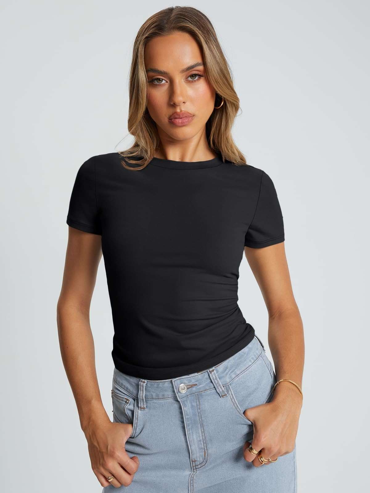 Trendy Queen Womens Basic T Shirts - Stretchy Soft Slim Fit Short Sleeve Y2k Cute Summer Crop Workout Tops - Image 2