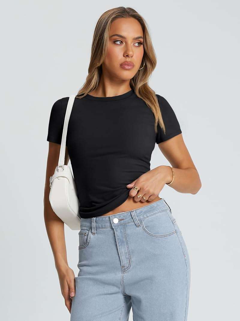 Trendy Queen Womens Basic T Shirts - Stretchy Soft Slim Fit Short Sleeve Y2k Cute Summer Crop Workout Tops - Image 5