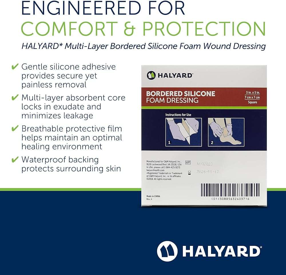 HALYARD Multi-Layer Bordered Silicone Foam Wound Dressing, Gentle Adhesive Superabsorbent Core Conformable & Breathable Water Resistant Protective Film Backing, 3 Inch x 3 Inch (Box of 10) - Image 3