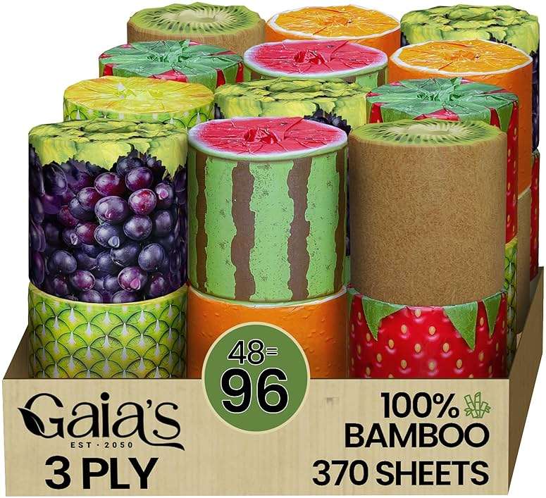 Gaias Premium and Soft Fruit TP Organic Bamboo Toilet Paper | 48 Mega Rolls, 3 Ply, 370 Sheets | FSC Certified, PFAS & BPA Free, Eco-Friendly, Sustainable Tissue - Plastic Free, Septic Safe, Vegan - Image 1