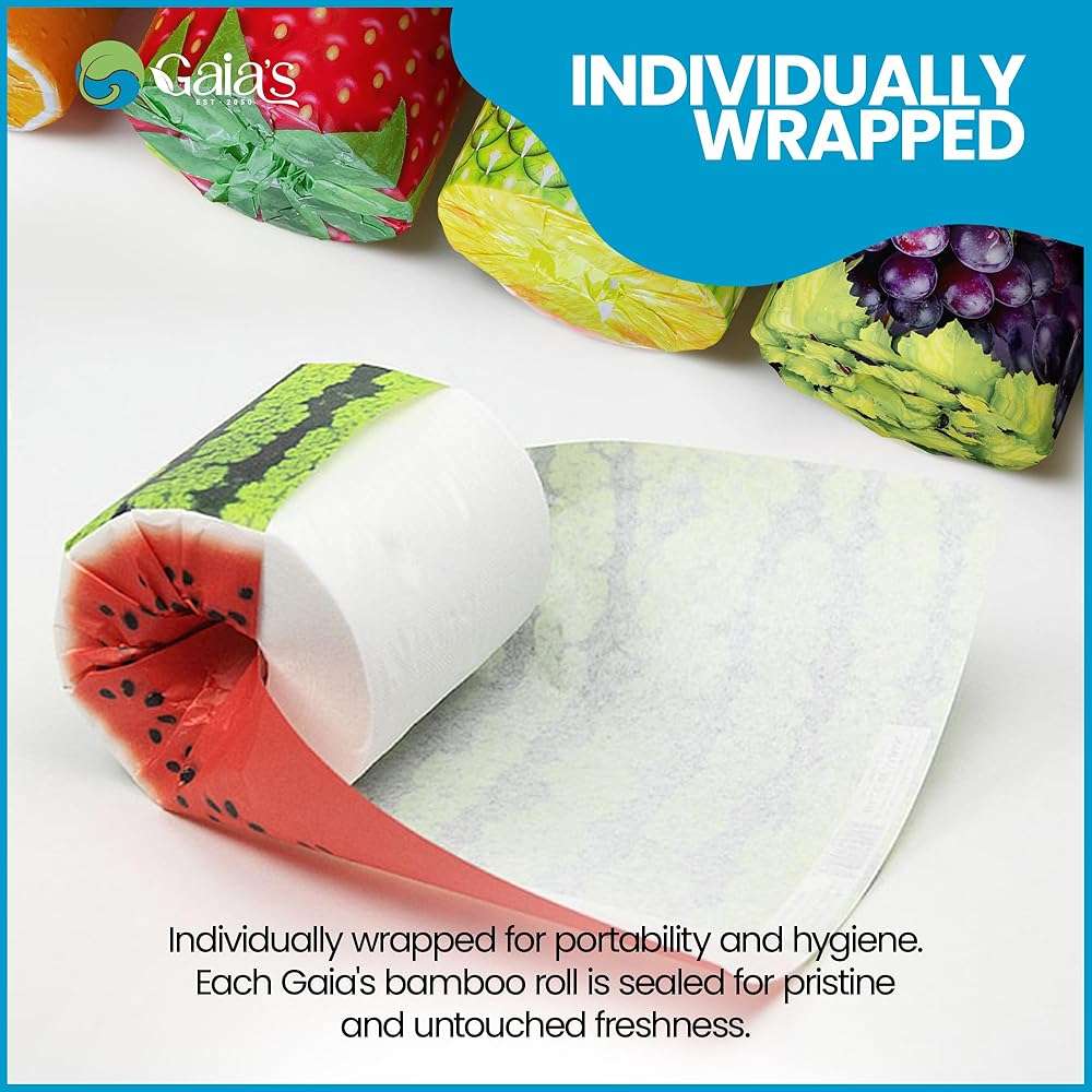 Gaias Premium and Soft Fruit TP Organic Bamboo Toilet Paper | 48 Mega Rolls, 3 Ply, 370 Sheets | FSC Certified, PFAS & BPA Free, Eco-Friendly, Sustainable Tissue - Plastic Free, Septic Safe, Vegan - Image 6