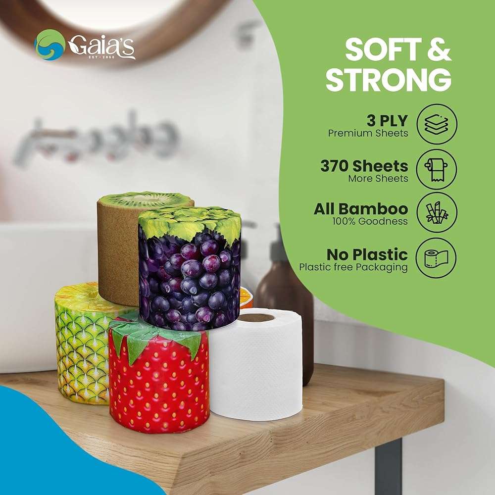 Gaias Premium and Soft Fruit TP Organic Bamboo Toilet Paper | 48 Mega Rolls, 3 Ply, 370 Sheets | FSC Certified, PFAS & BPA Free, Eco-Friendly, Sustainable Tissue - Plastic Free, Septic Safe, Vegan - Image 7