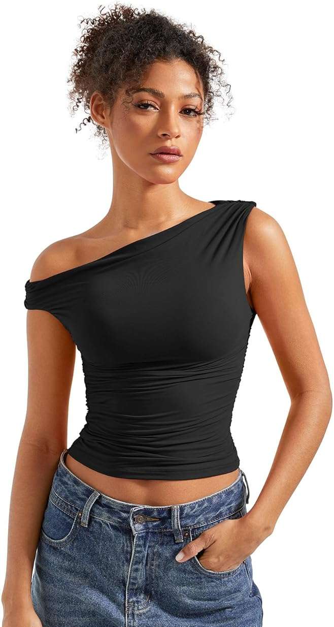 SUUKSESS Women Off Shoulder Tops Sleeveless Shirts Y2K Going Out Crop Tank Top - Image 1
