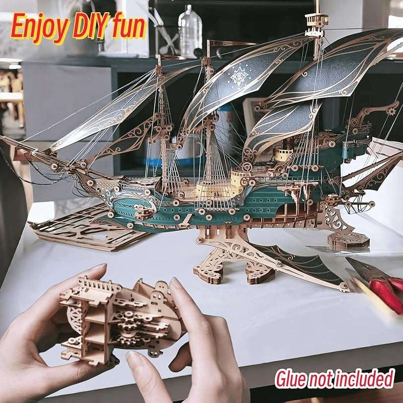 KingStora Vintage Steampunk DIY Mechanical Model Kit - Corsair Airship - A Must-Have for Mechanical Enthusiasts Future (Deep Green) - Image 8
