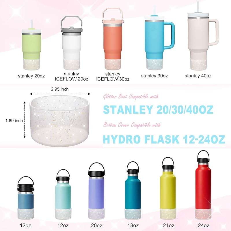 Onlymory Silicone Boot for 30 40 OZ Stanley Cup Accessories, Glitter Boots for Stanley 20OZ 30OZ Tumbler Ice-Flow 16OZ Bottle, Anti-Slip Bling Protector Bottom Cover Sleeve - Image 2