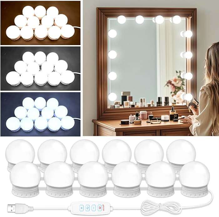 LED Vanity Mirror Lights with 12 Stick On Dimmable Bulbs, 3000K 4500K 6500K & 10 Brightness Levels Adjustable, Plug in USB Cable, Hollywood Style Mirror Lights for Makeup Desk Bathroom Dressing Room - Image 1