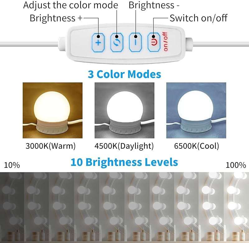 LED Vanity Mirror Lights with 12 Stick On Dimmable Bulbs, 3000K 4500K 6500K & 10 Brightness Levels Adjustable, Plug in USB Cable, Hollywood Style Mirror Lights for Makeup Desk Bathroom Dressing Room - Image 2