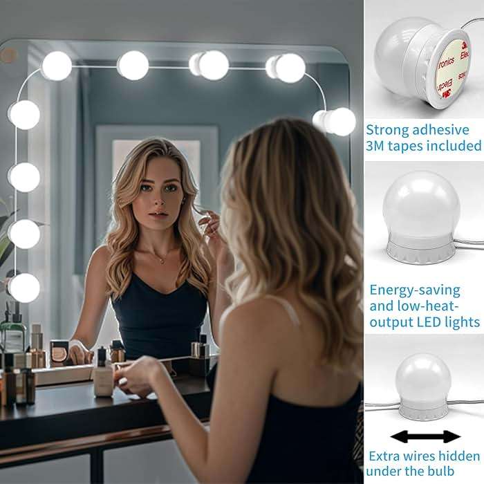 LED Vanity Mirror Lights with 12 Stick On Dimmable Bulbs, 3000K 4500K 6500K & 10 Brightness Levels Adjustable, Plug in USB Cable, Hollywood Style Mirror Lights for Makeup Desk Bathroom Dressing Room - Image 4