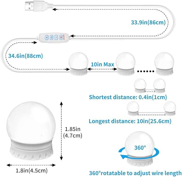 LED Vanity Mirror Lights with 12 Stick On Dimmable Bulbs, 3000K 4500K 6500K & 10 Brightness Levels Adjustable, Plug in USB Cable, Hollywood Style Mirror Lights for Makeup Desk Bathroom Dressing Room - Image 5