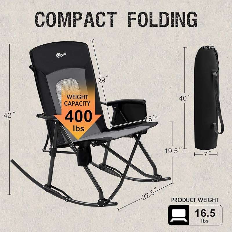 Portal Oversized Folding Rocking Camping Chair Portable Outdoor Rocker with High Back Hard Armrests Carry Bag, Supports 400 lbs - Image 3