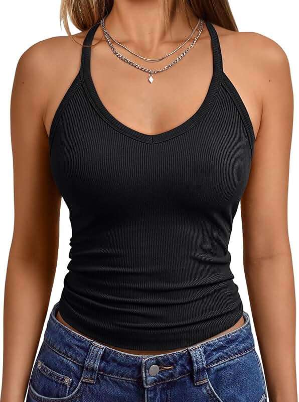 Trendy Queen Womens Racerback Ribbed Tank Tops V Neck Workout Summer Sleeveless Tops - Image 1