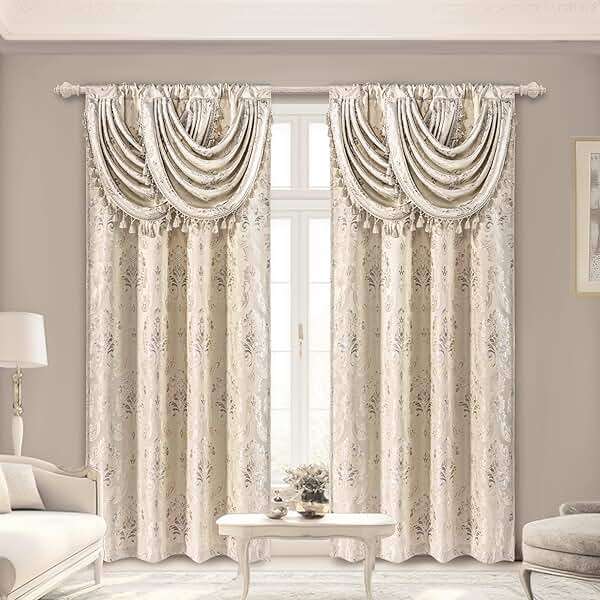 Loom and Mill Luxury Damask Curtains with Attached Waterfall Valances for Bedroom, Thick Jacquard Window Curtains with Tiebacks for Living Room Party Home Decor, Rod Pocket(2 Panels, 52 x 84 Inch) - Image 1