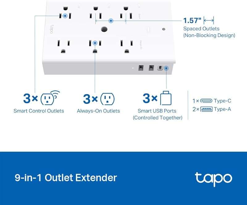 TP-Link Tapo Smart Plug Outlet Extender, Surge Protector, 18W Fast Charging, 3 Individual Smart Outlets, 1x USB-C & 2X USB-A, Smart Night Light, Works w/Apple HomeKit, Alexa & Google Home, Tapo P306 - Image 2