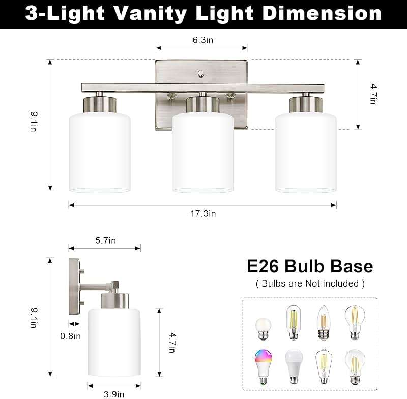FonmYim Brushed Nickel Bathroom Light Fixtures, 3-Light Modern Vanity Light Over Mirror, Wall Sconces with Milky White Frosted Glass Shades, E26 Socket (Bulbs Not Included) - Image 2