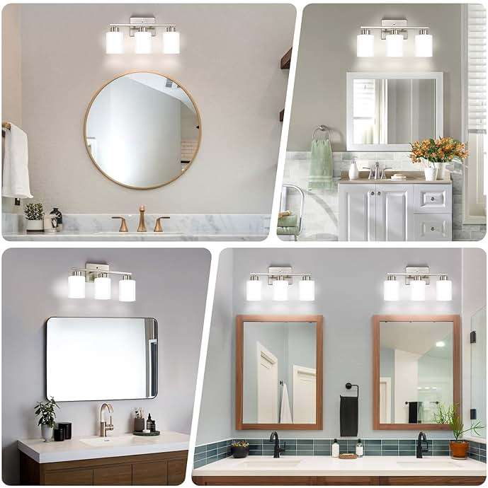 FonmYim Brushed Nickel Bathroom Light Fixtures, 3-Light Modern Vanity Light Over Mirror, Wall Sconces with Milky White Frosted Glass Shades, E26 Socket (Bulbs Not Included) - Image 3
