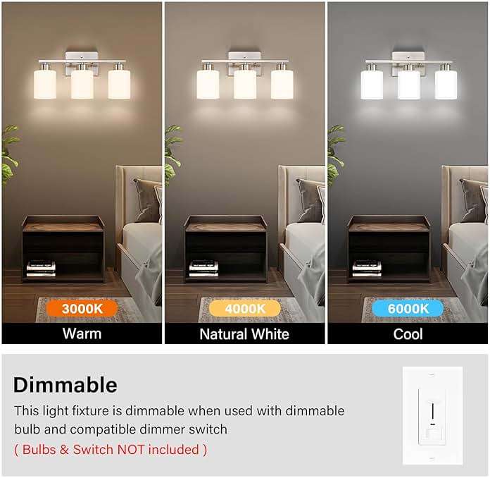 FonmYim Brushed Nickel Bathroom Light Fixtures, 3-Light Modern Vanity Light Over Mirror, Wall Sconces with Milky White Frosted Glass Shades, E26 Socket (Bulbs Not Included) - Image 6