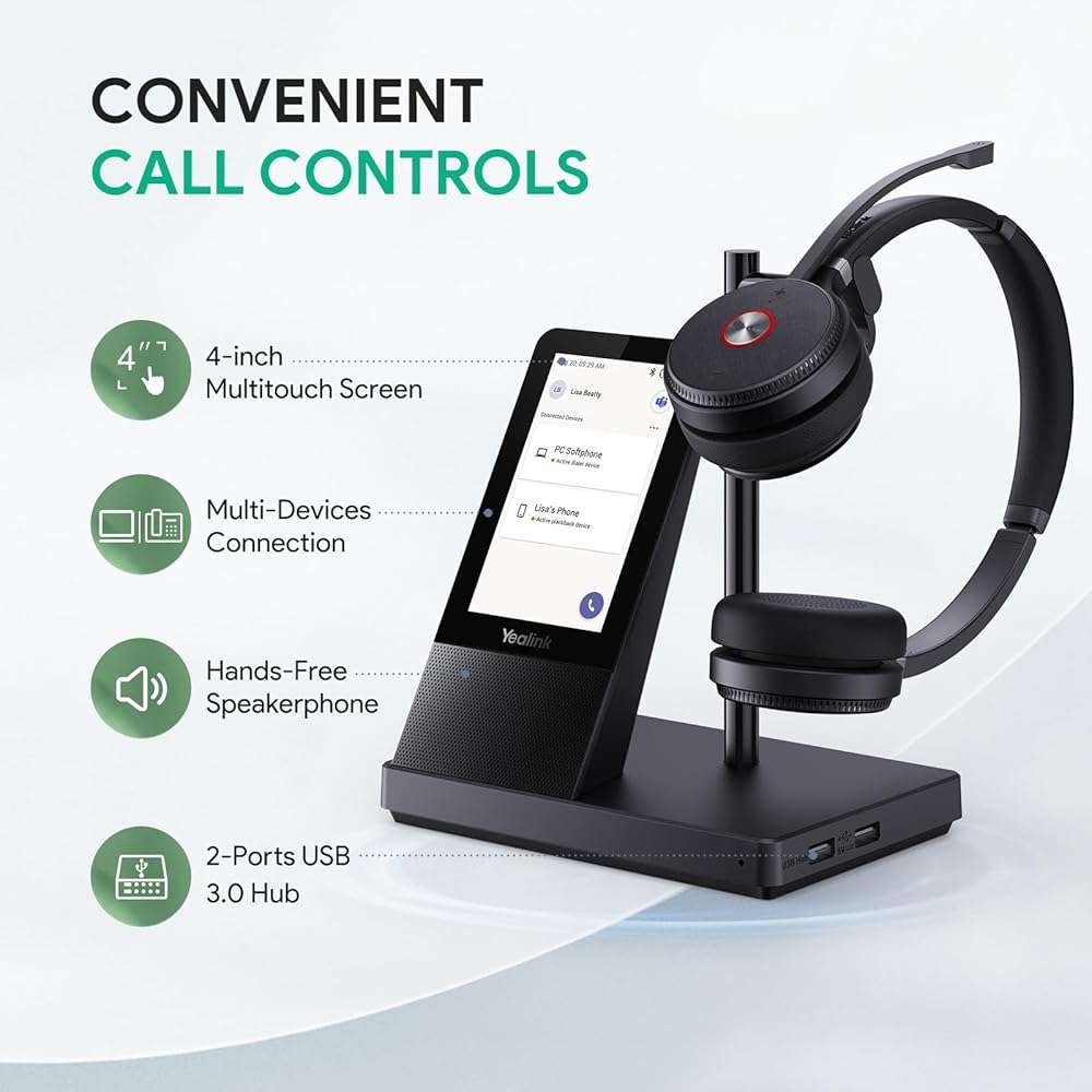 Yealink WH66 Wireless Headset with 4" Screen, DECT Headset for Teams,Zoom Skype Certified,525ft Range,Full-Duplex Speaker,14H Call Time,Office Work Headphones for Desk Phone,PC - Image 2