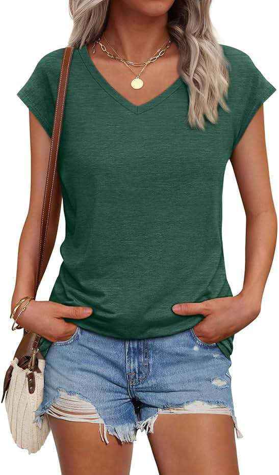 AUTOMET Womens V Neck T Shirts Cap Sleeve Summer Dressy Casual Trendy Tops - Image 1