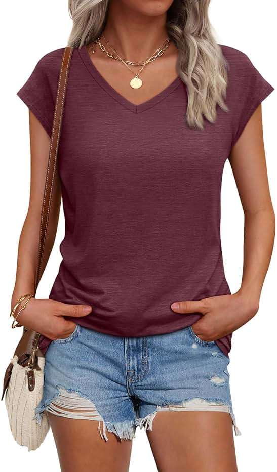AUTOMET Womens V Neck T Shirts Spring Summer Cap Sleeve Basic Tees Trendy Cute Tops for Work Dressy Casual Beach Vacation - Image 1