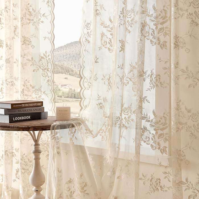 SEEKRIGHT Beige Lace Curtains 84 Inches Long Victorian Floral Sheer Curtains for Living Room Bedroom Decor Drapes Rod Pocket Light Filtering French Window Curtains 2 Panels Set for Dining Room, 52x84 - Image 4