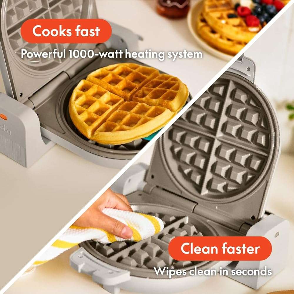 bella Flip-n-Store Waffle Maker with EverGood™ Ceramic Nonstick Coating, Fits-anywhere™ Kitchenware, Power Indicator Light, Cool Touch Handle & Cord Wrap, 7” Wide & 1" Deep Plates, 1000 Watt, Oatmilk - Image 5