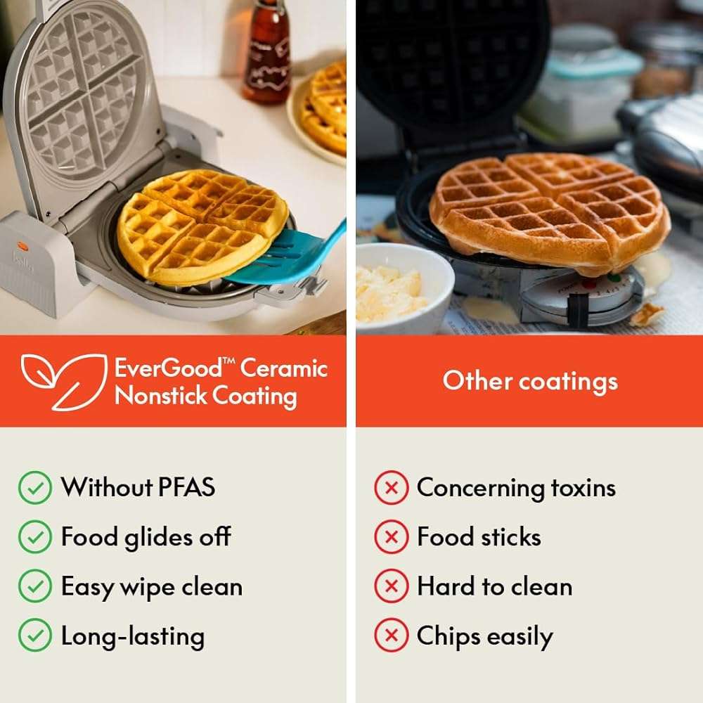 bella Flip-n-Store Waffle Maker with EverGood™ Ceramic Nonstick Coating, Fits-anywhere™ Kitchenware, Power Indicator Light, Cool Touch Handle & Cord Wrap, 7” Wide & 1" Deep Plates, 1000 Watt, Oatmilk - Image 7