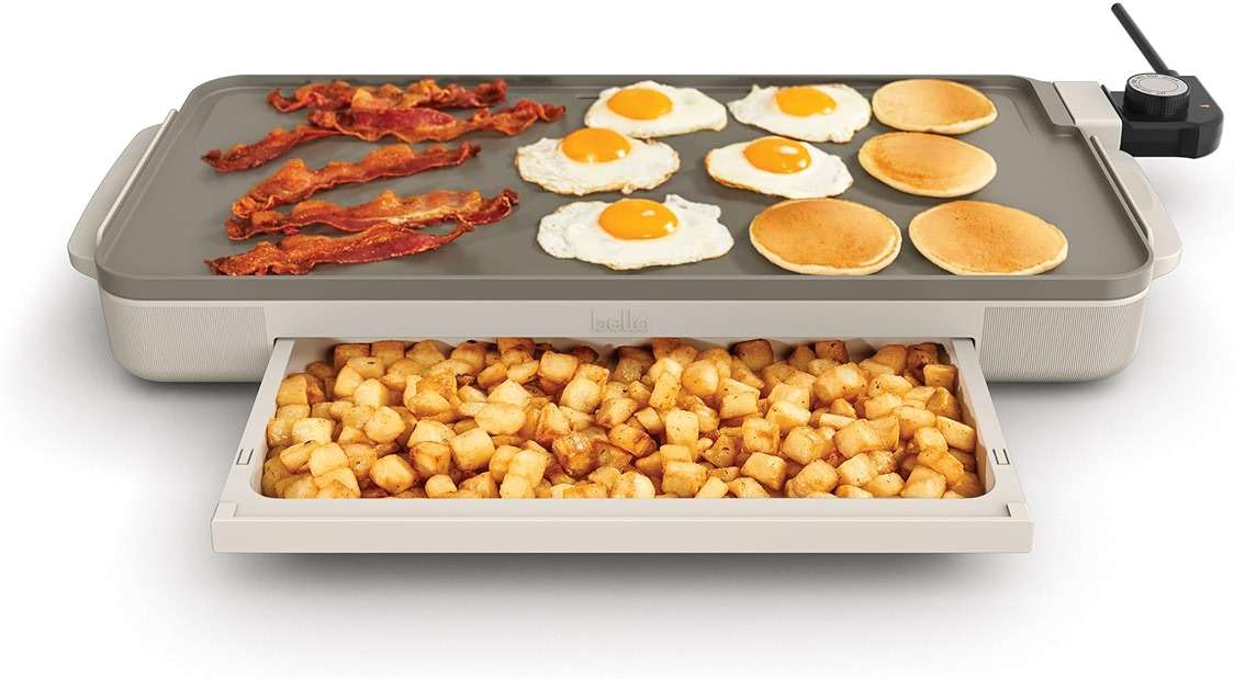 bella 10" x 20" Electric Griddle with Warming Tray, EverGood™ Ceramic Nonstick Coating & Removable Temperature Probe, Dishwasher-Safe Drip Tray & Cool Touch Handles, 1500 Watt, Oatmilk - Image 1