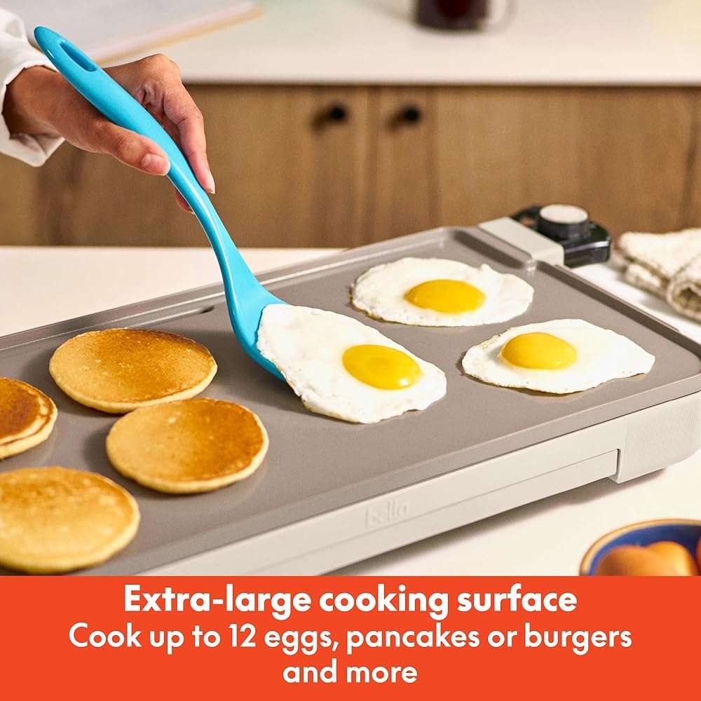 bella 10" x 20" Electric Griddle with Warming Tray, EverGood™ Ceramic Nonstick Coating & Removable Temperature Probe, Dishwasher-Safe Drip Tray & Cool Touch Handles, 1500 Watt, Oatmilk - Image 5