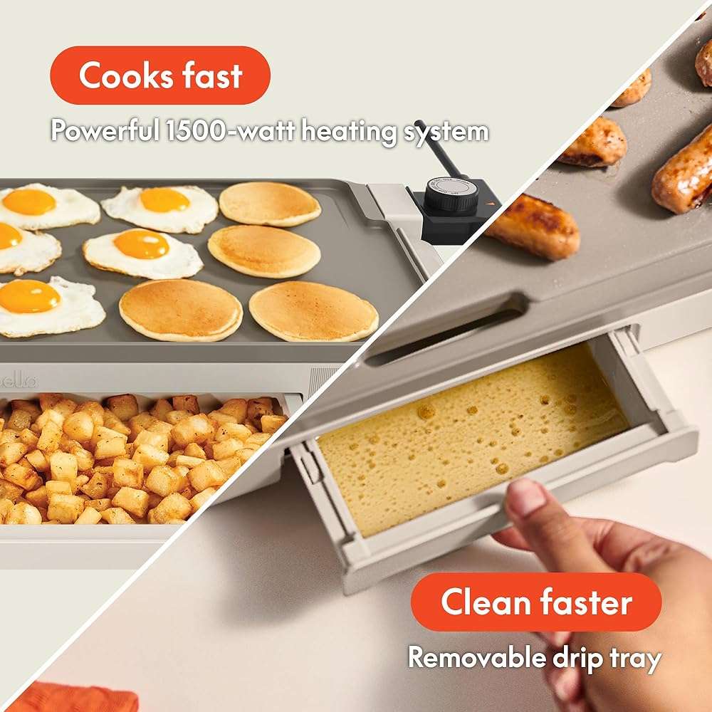bella 10" x 20" Electric Griddle with Warming Tray, EverGood™ Ceramic Nonstick Coating & Removable Temperature Probe, Dishwasher-Safe Drip Tray & Cool Touch Handles, 1500 Watt, Oatmilk - Image 7