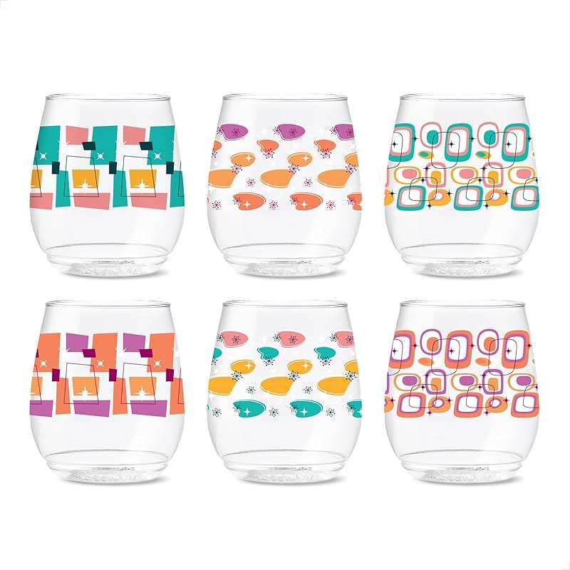 TOSSWARE POP 14oz Vino Mid-Century Retro Series, SET OF 6, Premium Quality, Recyclable, Unbreakable & Crystal Clear Plastic Printed Glasses - Image 1