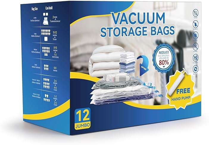 12 Jumbo Compression Storage Bags, Vacuum Storage Bags, Space Saver Bags for Comforters, Blankets, Bedding, Pillows and Clothes Storage, Hand Pump Included - Image 1
