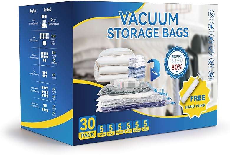 30 Pack Compression Storage Bags, Vacuum Storage Bags, Space Saver Bags for Comforters, Blankets, Pillows and Clothes Storage, Hand Pump Included (5 Jumbo/5 L/5 M/5 S/5 Roll M/5 Roll S) - Image 1