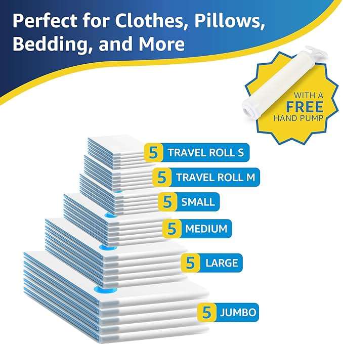 30 Pack Compression Storage Bags, Vacuum Storage Bags, Space Saver Bags for Comforters, Blankets, Pillows and Clothes Storage, Hand Pump Included (5 Jumbo/5 L/5 M/5 S/5 Roll M/5 Roll S) - Image 3