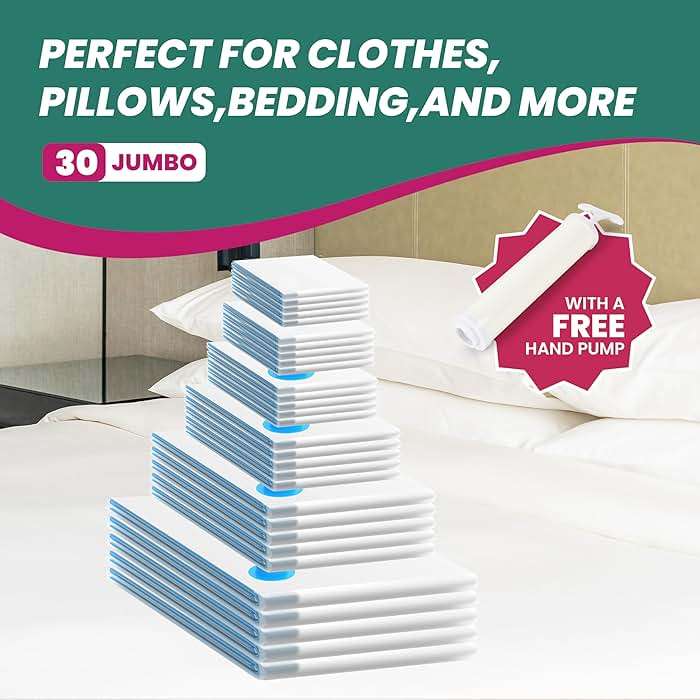 30 Pack Compression Storage Bags, Vacuum Storage Bags, Space Saver Bags for Comforters, Blankets, Pillows and Clothes Storage, Hand Pump Included (5 Jumbo/5 L/5 M/5 S/5 Roll M/5 Roll S) - Image 8
