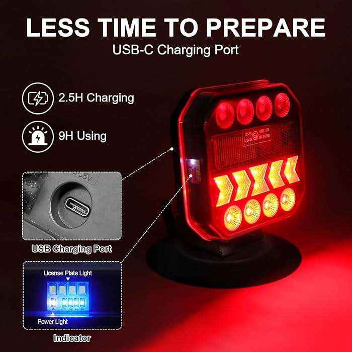 Agrieyes USB-C Wireless Trailer Lights, Adjustable Magnetic Tow Light with Retroreflectors, Rechargeable Towing Light Kit Reverse for Trucks, Boat, RV, Vehicle, Caravan - Image 4
