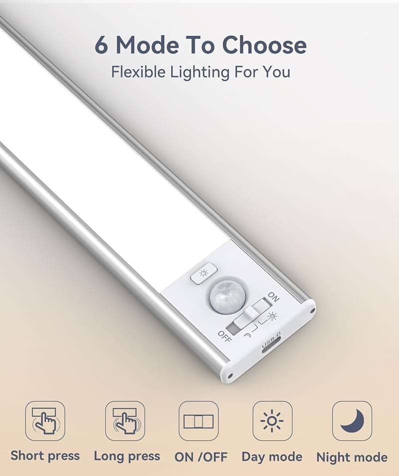 Under Cabinet Lighting, LED Motion Sensor Light Indoor, 2200mAh USB Rechargeable Closet Lights Battery Operated, Stick On Magnetic Wireless Dimmable Under Counter Lights for Kitchen(2 Pack) | Under Cabinet, Wireless, USB Rechargeable, 2200mAh, Battery Operated, Dimmable, Magnetic, Stick On, Indoor, for Kitchen - Image 4