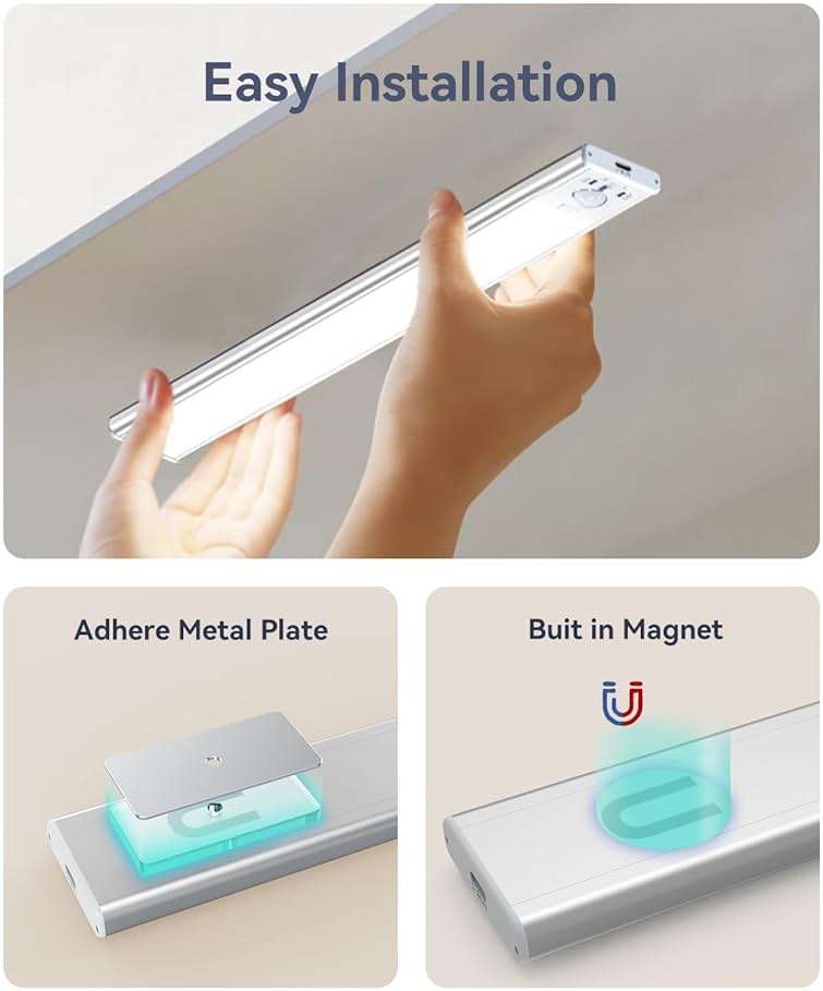 Under Cabinet Lighting, LED Motion Sensor Light Indoor, 2200mAh USB Rechargeable Closet Lights Battery Operated, Stick On Magnetic Wireless Dimmable Under Counter Lights for Kitchen(2 Pack) | Under Cabinet, Wireless, USB Rechargeable, 2200mAh, Battery Operated, Dimmable, Magnetic, Stick On, Indoor, for Kitchen - Image 7