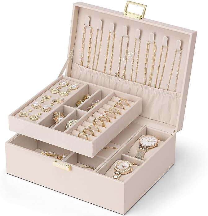 VLANDO 2 Layer Jewelry Boxes Large Jewelry Organizer for Women Removable Jewelery Tray for Watch Necklace Earrings Rings Bracelets Mothers Gifts Mom Gifts(Apricot White) - Image 1