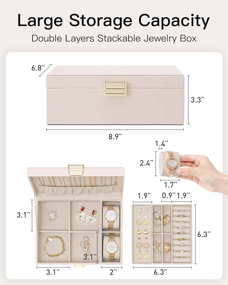 VLANDO 2 Layer Jewelry Boxes Large Jewelry Organizer for Women Removable Jewelery Tray for Watch Necklace Earrings Rings Bracelets Mothers Gifts Mom Gifts(Apricot White) - Image 3