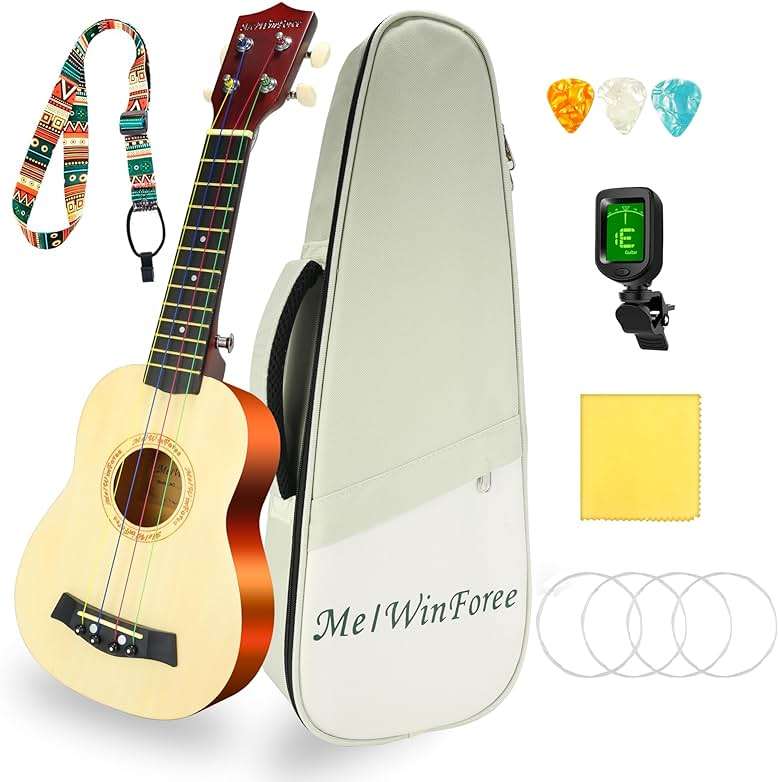 MelWinForee Soprano Ukulele 21 - Beginner Kit for Kids, Complete with Gig Bag, Strap, Tuner, Strings, Picks, Cloth - Ideal for Concerts, Left-Handed Friendly - Perfect Beginner Ukulele - Image 1