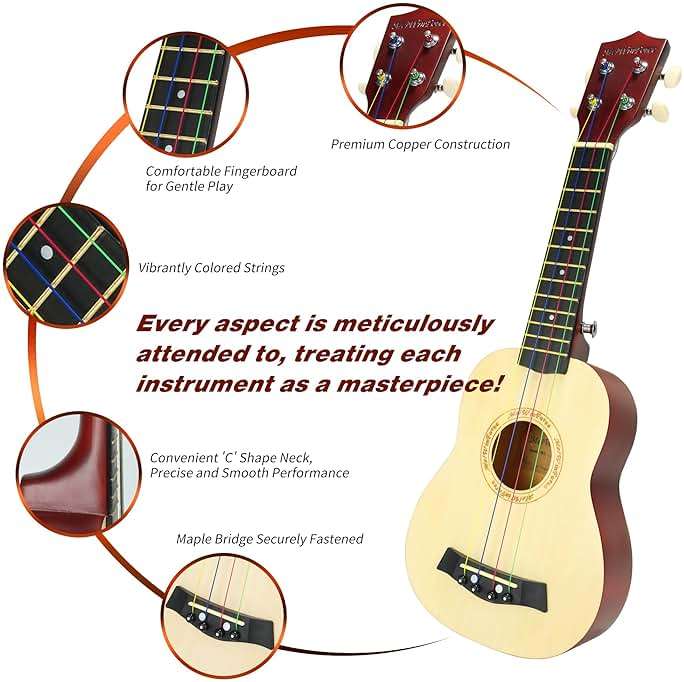 MelWinForee Soprano Ukulele 21 - Beginner Kit for Kids, Complete with Gig Bag, Strap, Tuner, Strings, Picks, Cloth - Ideal for Concerts, Left-Handed Friendly - Perfect Beginner Ukulele - Image 2