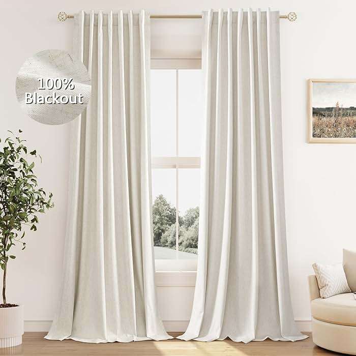 Guken Cream Linen Blackout Curtains 84 Inch Length 2 Panels Set for Living Room Bedroom Back Tab Thermal Insulated 100% Black Out Drapes Room Darkening Window Curtain Ivory Natural Beige - Image 1