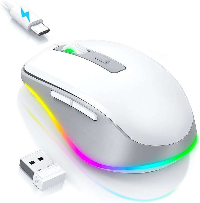 PEIOUS Wireless Mouse Jiggler - LED Wireless Mice with Build-in Mouse Mover, Rechargeable Moving Mouse for Laptop with Undetectable Random Movement Keeps Computers Awake - White & Grey - Image 1