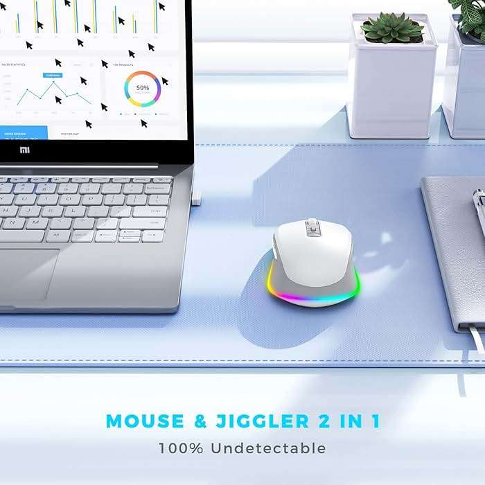 PEIOUS Wireless Mouse Jiggler - LED Wireless Mice with Build-in Mouse Mover, Rechargeable Moving Mouse for Laptop with Undetectable Random Movement Keeps Computers Awake - White & Grey - Image 2
