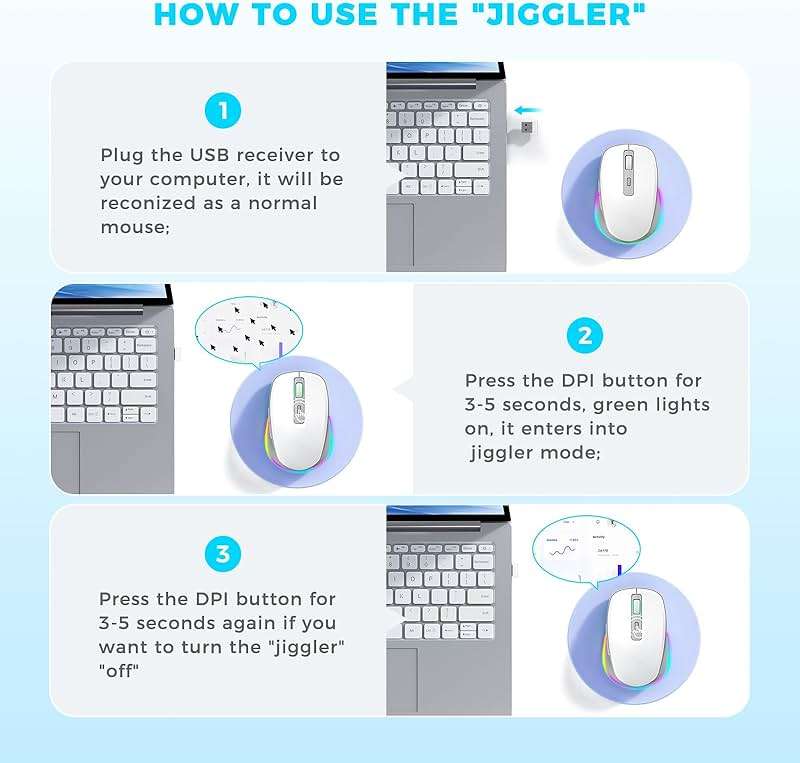 PEIOUS Wireless Mouse Jiggler - LED Wireless Mice with Build-in Mouse Mover, Rechargeable Moving Mouse for Laptop with Undetectable Random Movement Keeps Computers Awake - White & Grey - Image 3