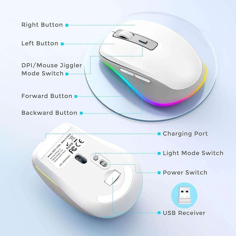 PEIOUS Wireless Mouse Jiggler - LED Wireless Mice with Build-in Mouse Mover, Rechargeable Moving Mouse for Laptop with Undetectable Random Movement Keeps Computers Awake - White & Grey - Image 6