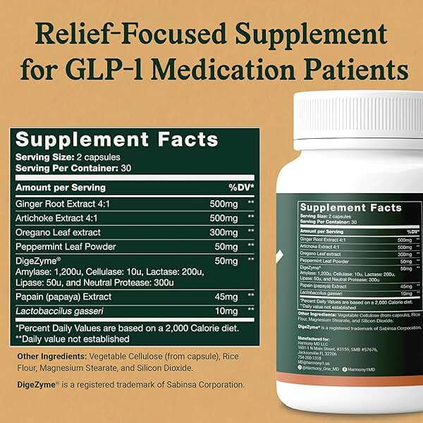 Harmony-1 Physician Formulated GLP-1 Digestive Support — Bloating, Nausea & Gut Discomfort Relief — Digestive Enzymes + Probiotics — GLP-1 Companion Supplement — 60 Capsules - Image 2