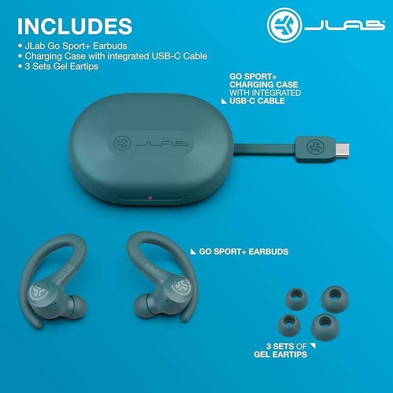 JLab Go Sport+ Wireless Workout Earbuds Featuring C3 Clear Calling, Secure Earhook Sport Design, 35+ Hour Bluetooth Playtime, and 3 EQ Sound Settings (Teal) - Image 4
